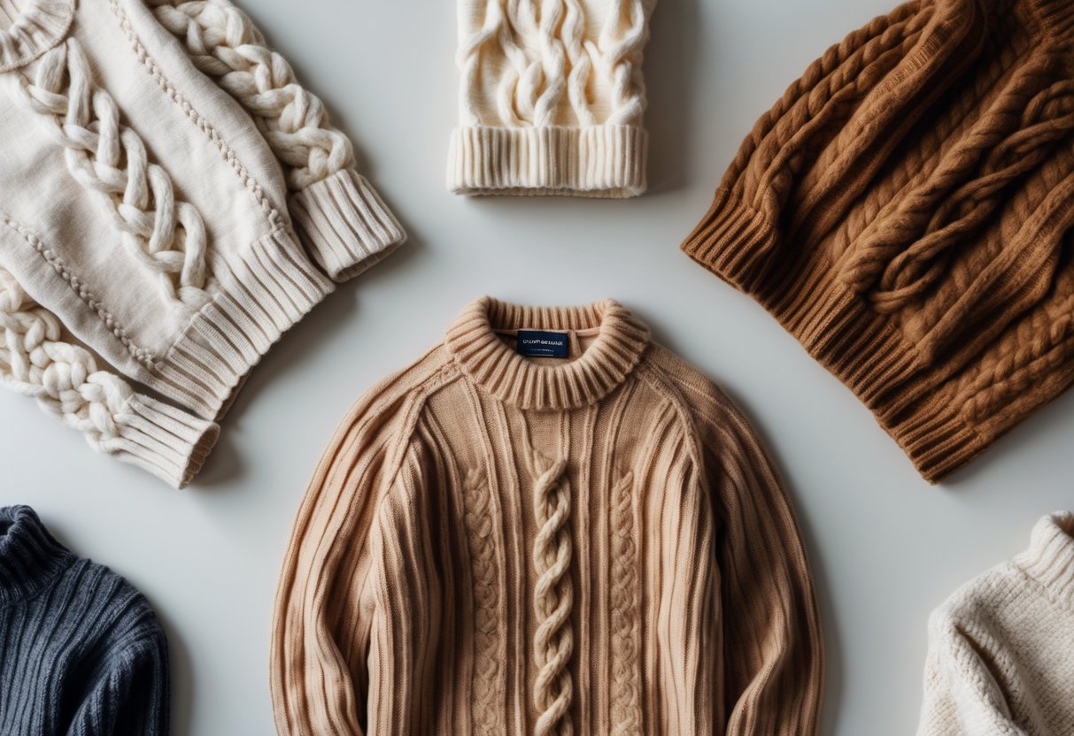 Four different sweaters arranged on a neutral background, including a merino wool sweater and three other styles.