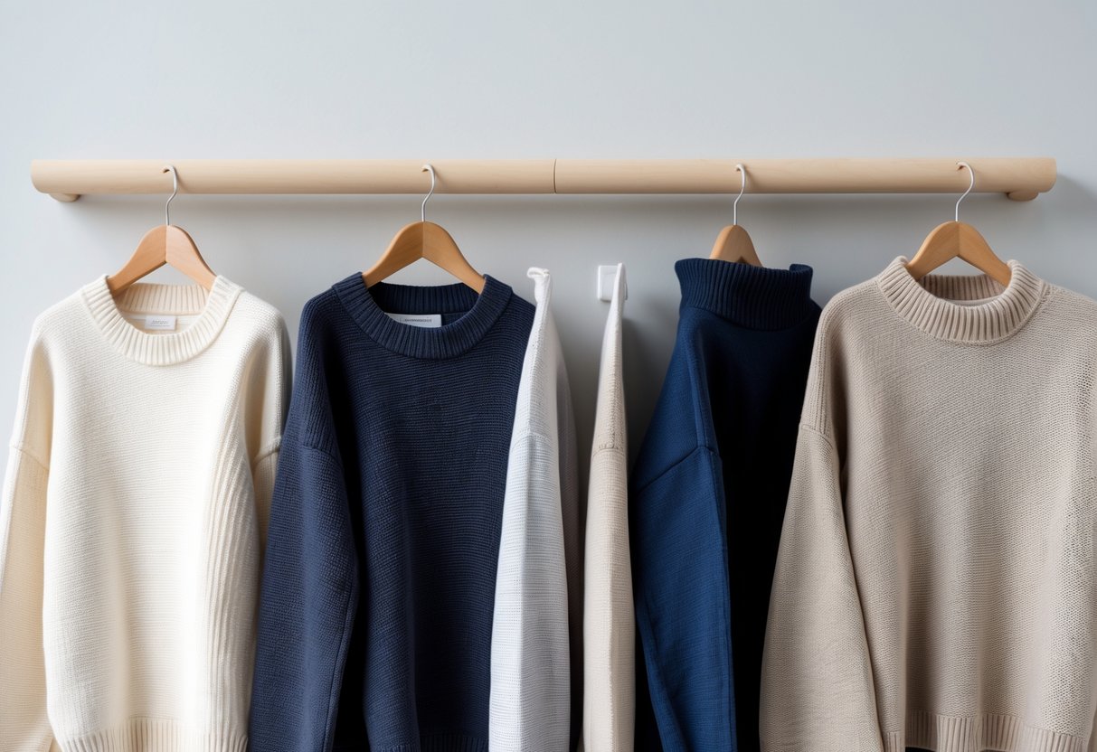 Four different types of cotton sweaters arranged side by side on a neutral background.