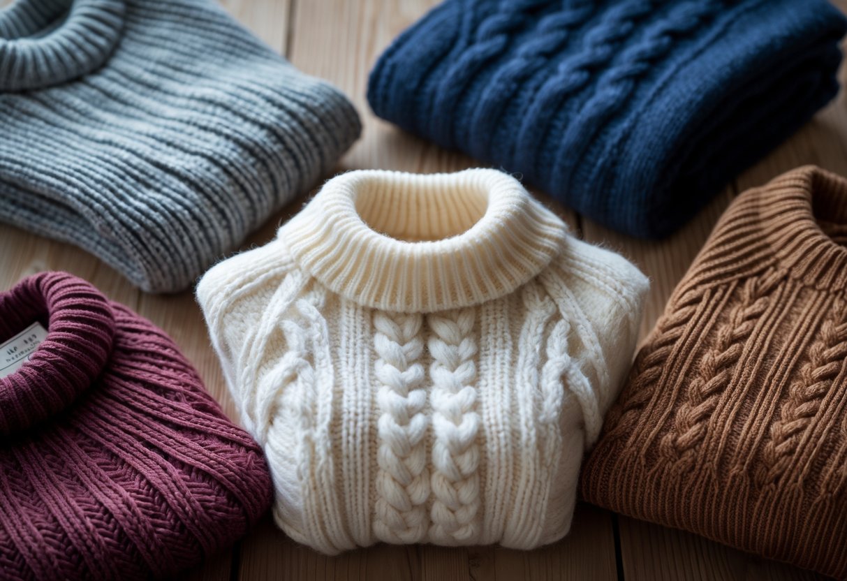Four different sweaters arranged on a wooden surface, including a cream lambswool sweater and three other sweaters in blue, gray, and burgundy.