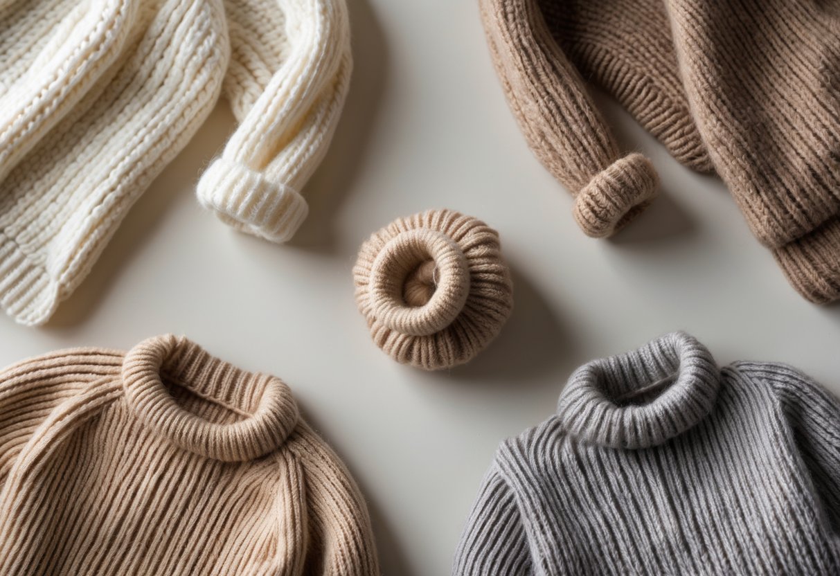Four different alpaca sweaters arranged neatly on a plain background, showing various styles and colors.