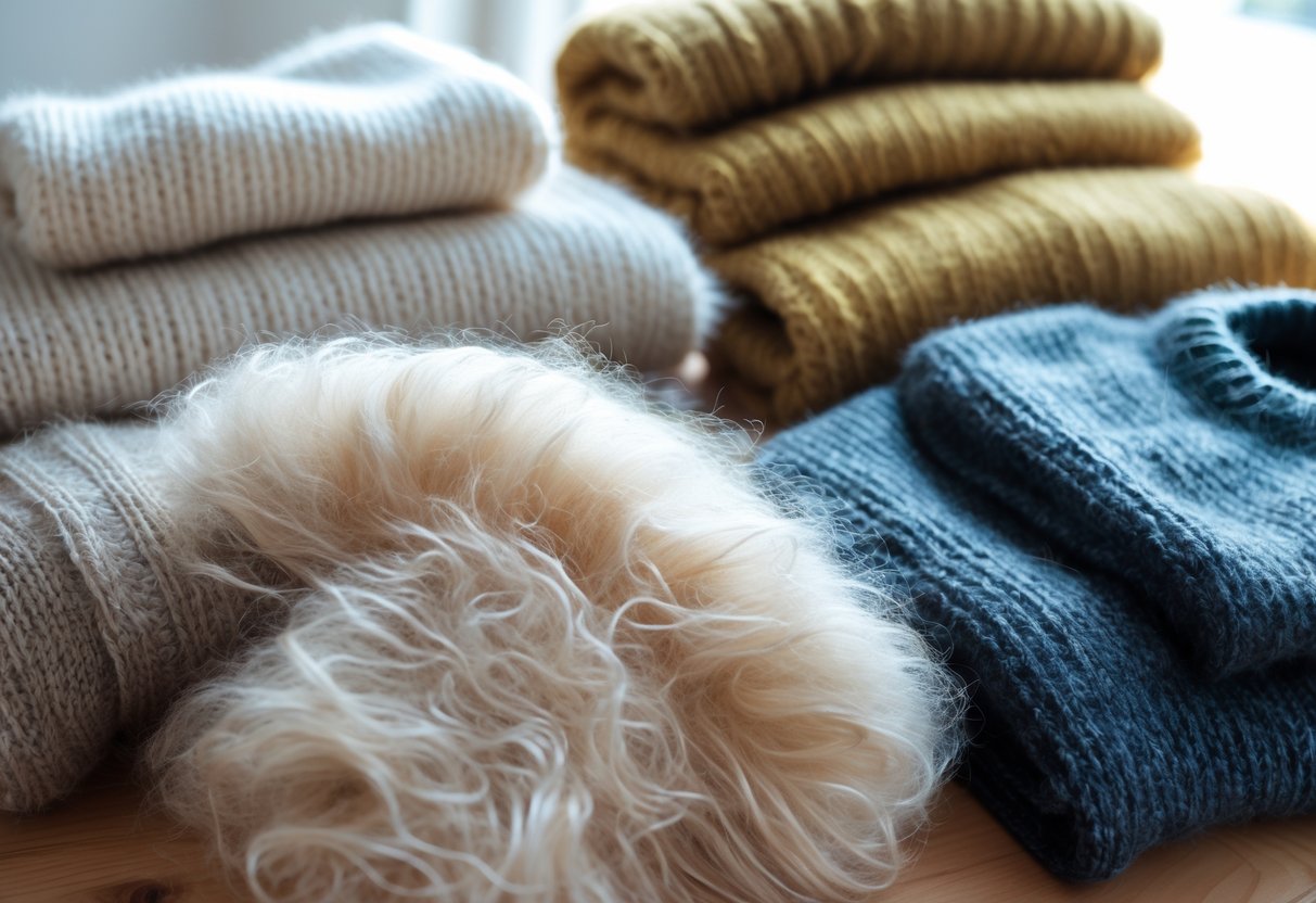 A collection of four different sweaters displayed on a wooden surface, featuring a soft mohair sweater in the center.