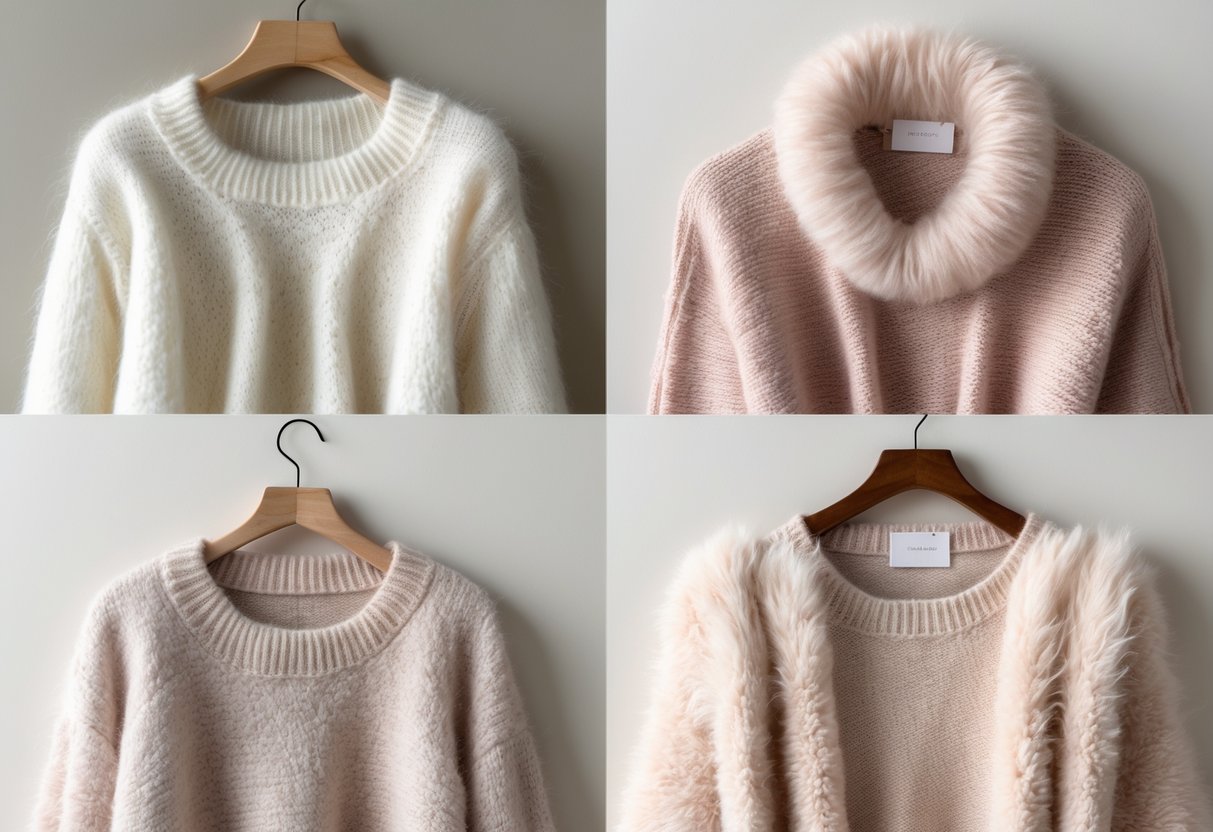 Four different angora sweaters in soft pastel and neutral colors arranged neatly on a light background.