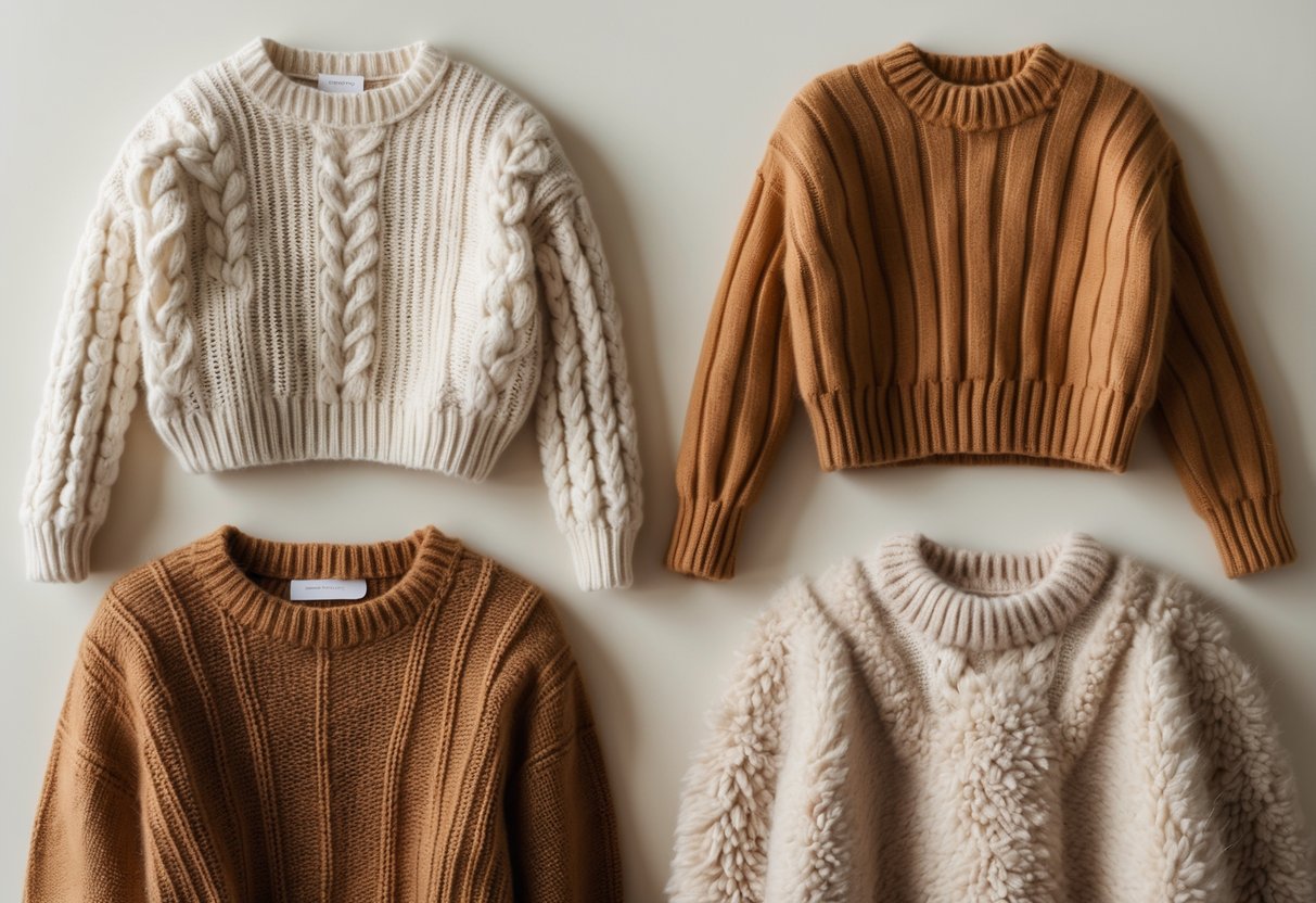 Four different cropped sweaters displayed on a neutral background, showing various textures and colors.