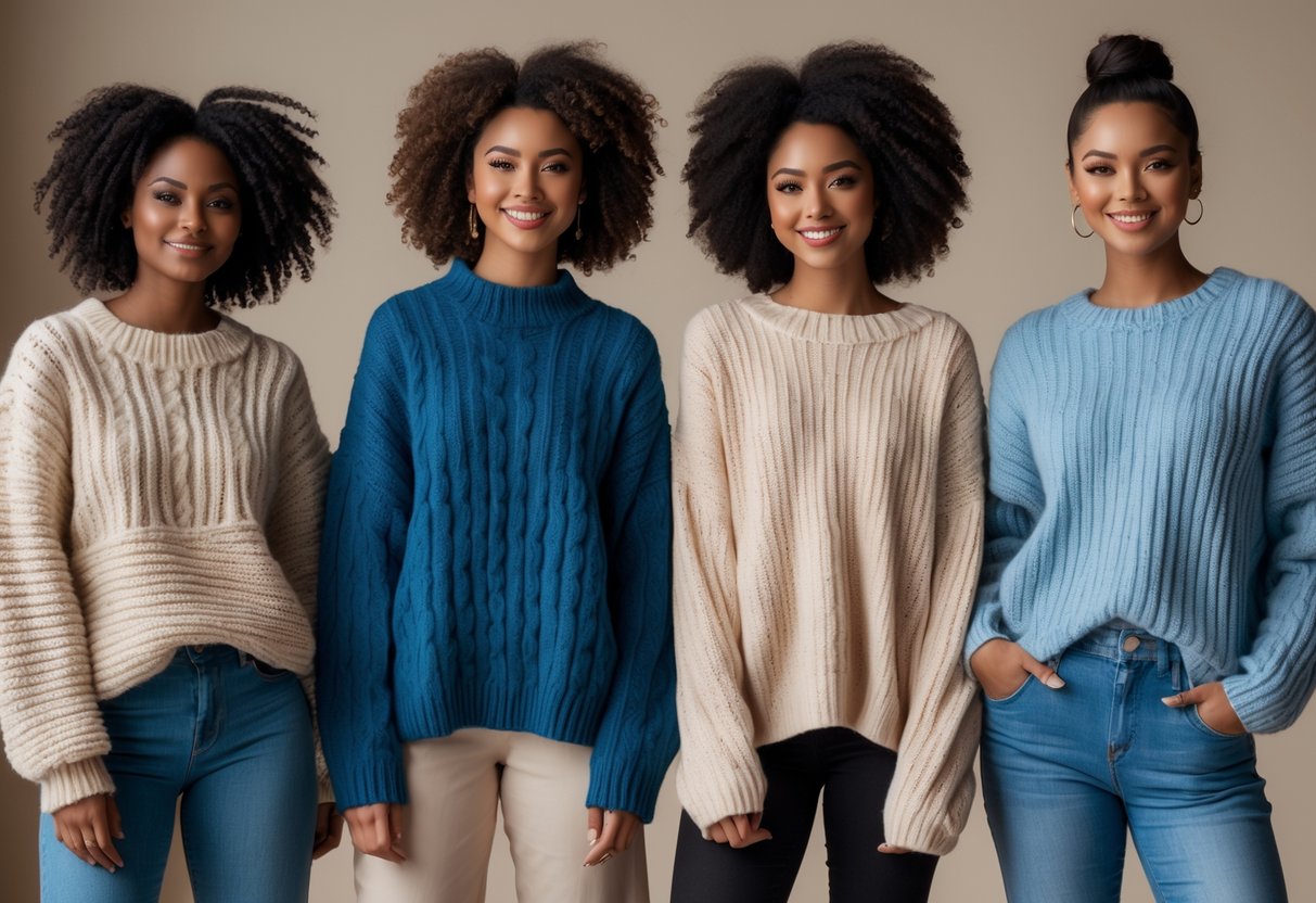 Four people wearing different oversized sweaters standing together against a plain background.