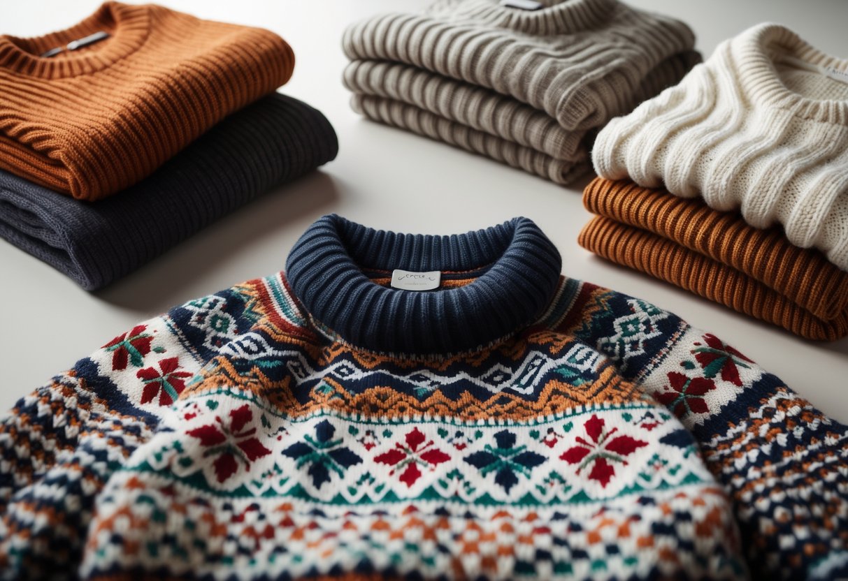 Four different sweaters arranged on a neutral background, featuring a colorful patterned sweater in the center surrounded by three other sweaters of various styles.