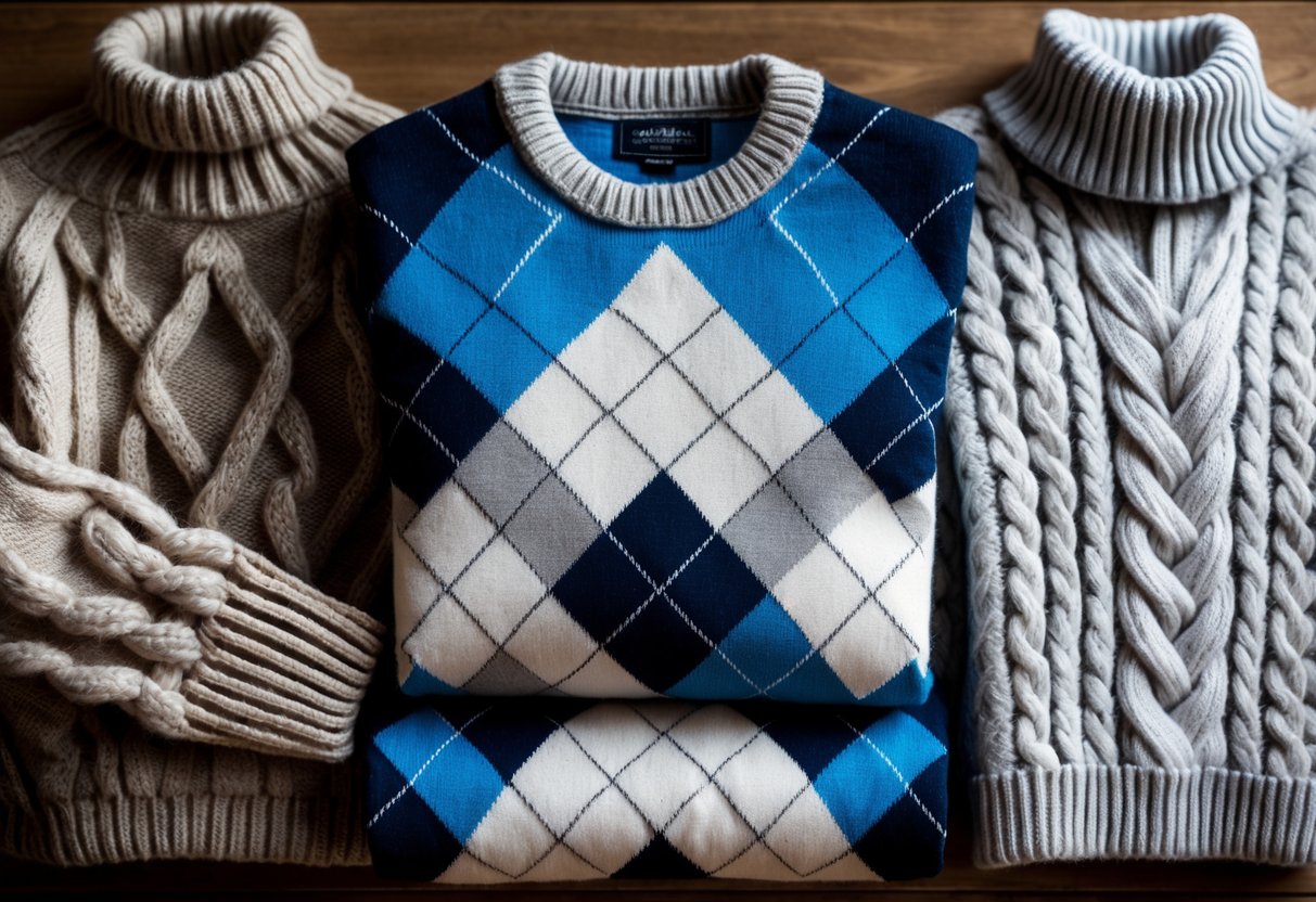 Four different sweaters, including an argyle sweater, displayed neatly on a wooden surface.