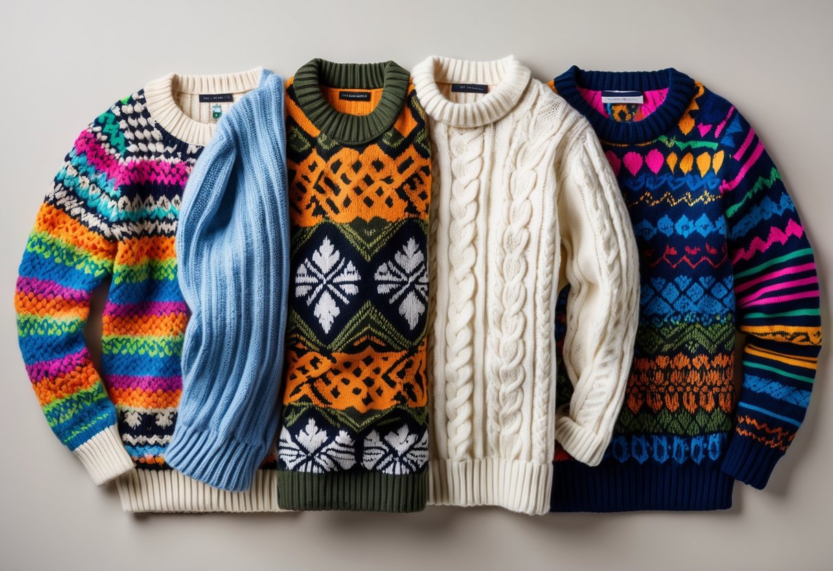 Four different patterned sweaters arranged neatly on a plain background.