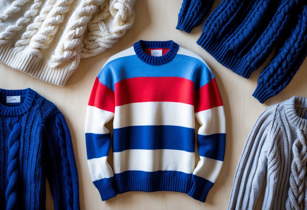Four sweaters laid out on a wooden surface, including a striped sweater in the center and three other sweaters in different colors and textures.