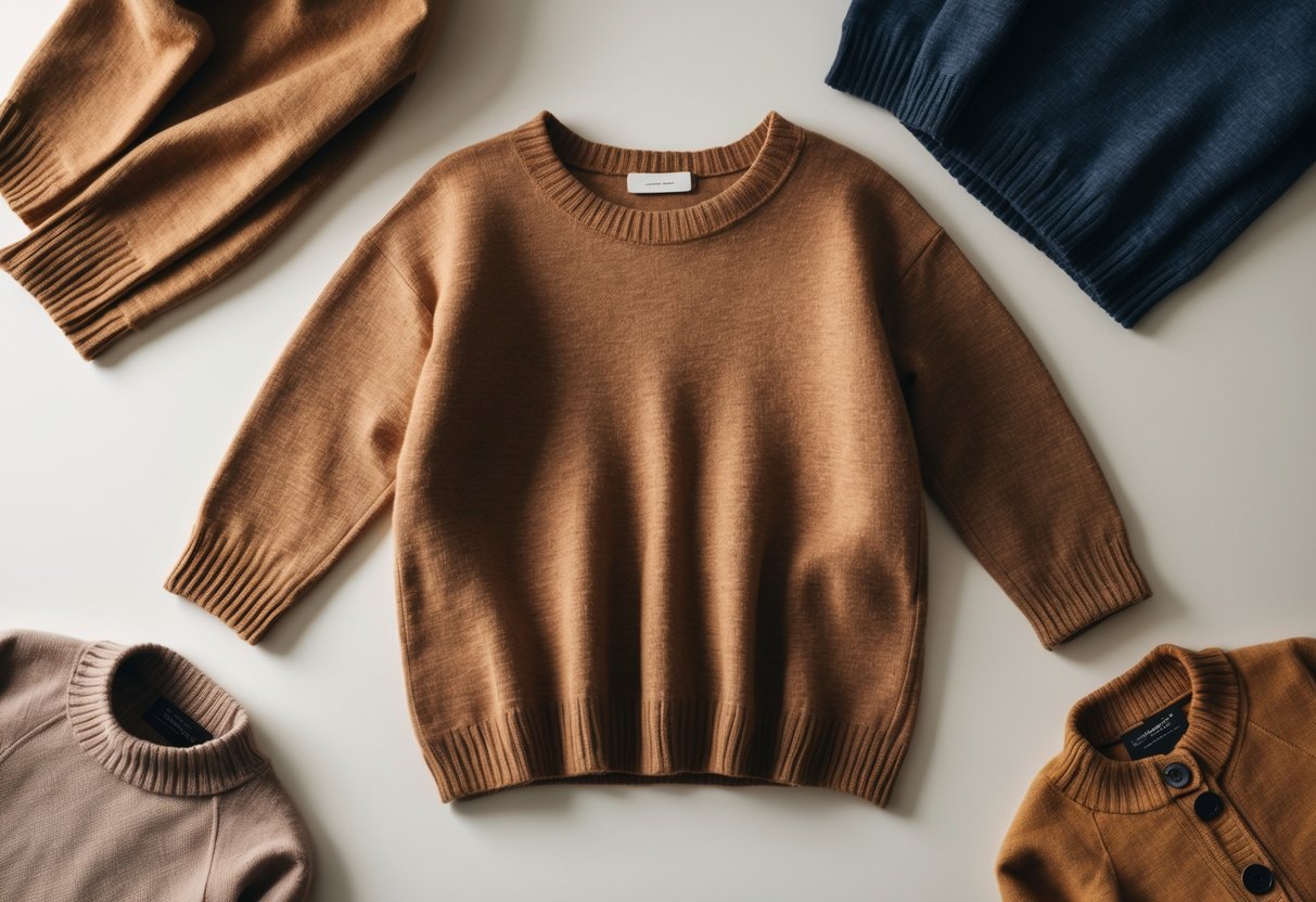 A collection of four sweaters including a scoop neck, crew neck, turtleneck, and cardigan displayed on a neutral background.