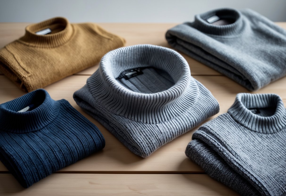 Four different sweaters including a boat neck sweater arranged on a wooden surface.