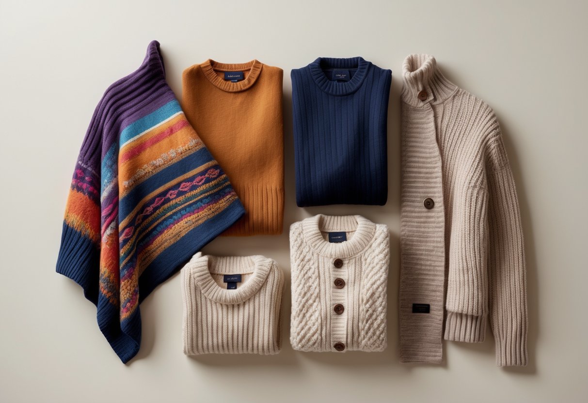 Four different sweaters arranged neatly on a neutral background, including a poncho, crewneck, cardigan, and turtleneck.