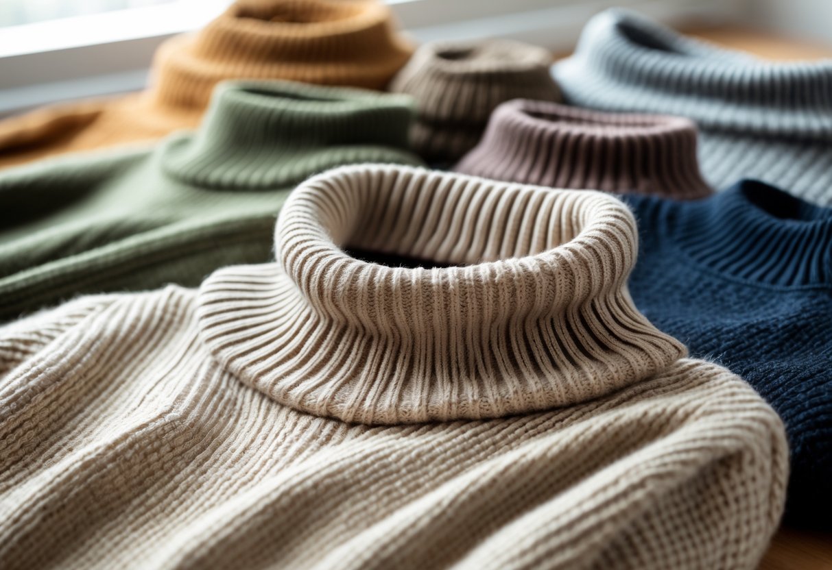 Four different sweaters arranged on a wooden surface, including a shawl collar sweater in the center.