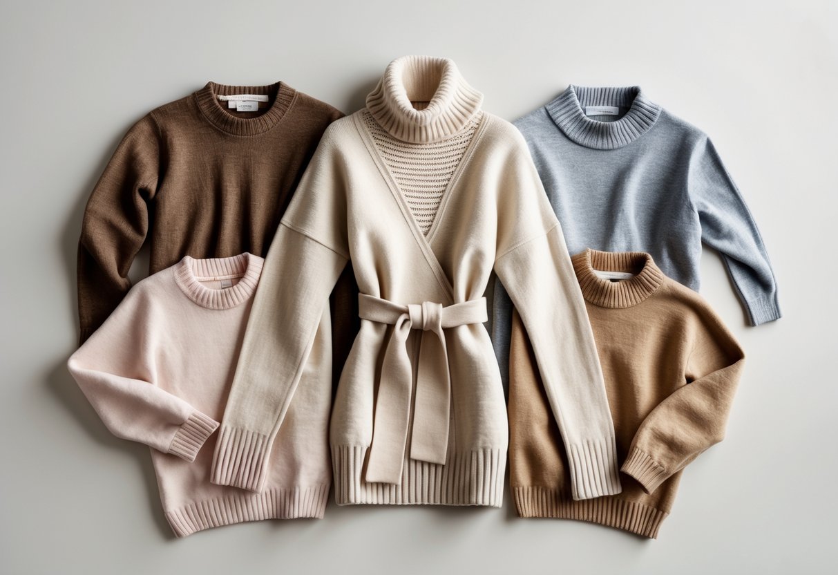 Four different sweaters displayed on a neutral background, including a wrap sweater, crewneck, turtleneck, and cardigan.