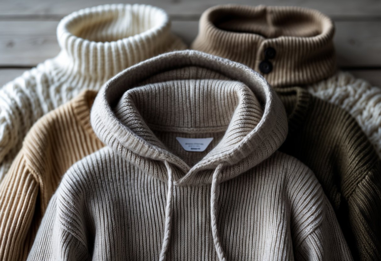 Four different sweaters including a hooded sweater arranged on a wooden surface.