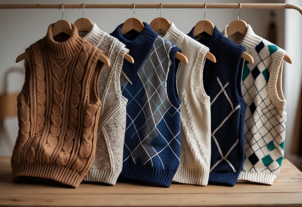 Four different sweater vests displayed neatly on a wooden table, showing various styles and colors.