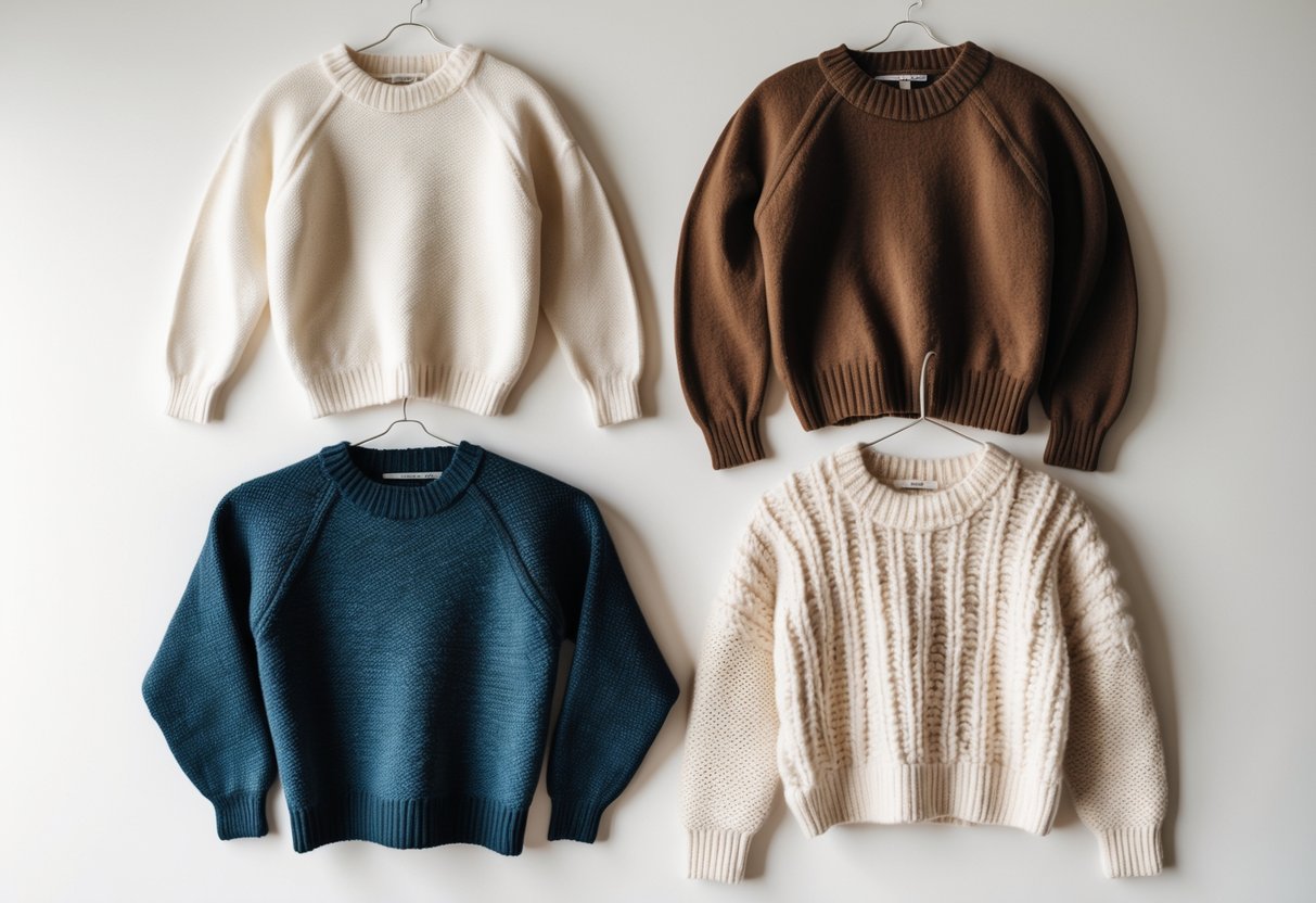 Four different boxy sweaters displayed on a white background, showing various colors and textures.