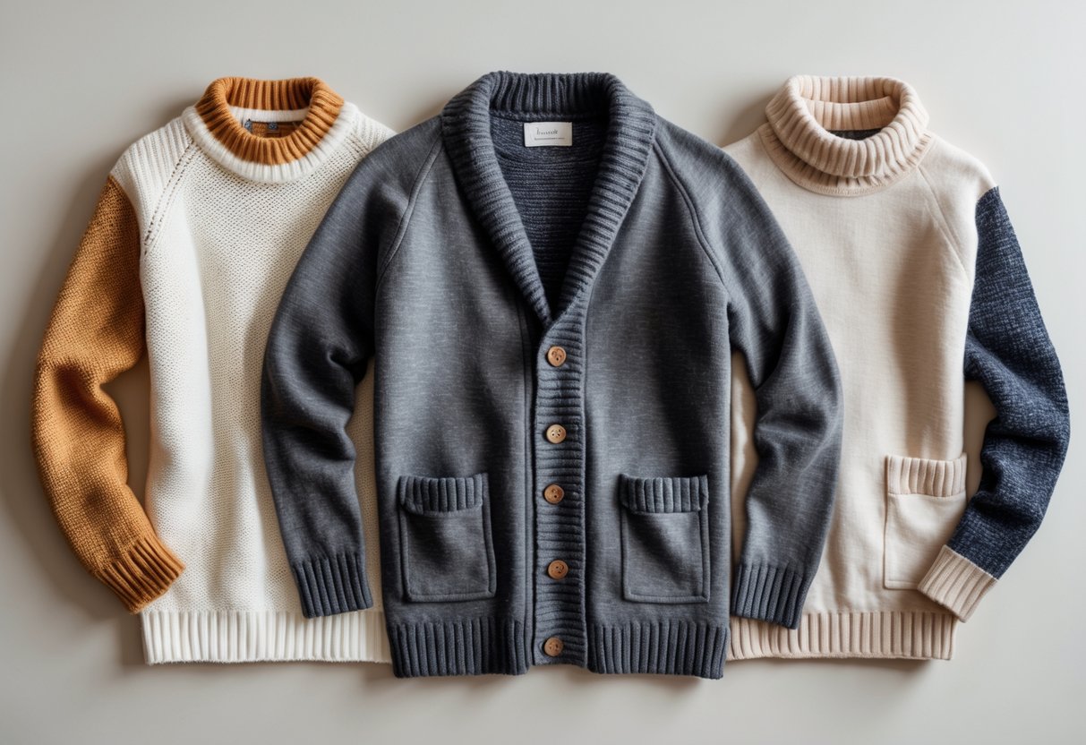 A display of four different sweaters including a cardigan with pockets arranged on a neutral background.