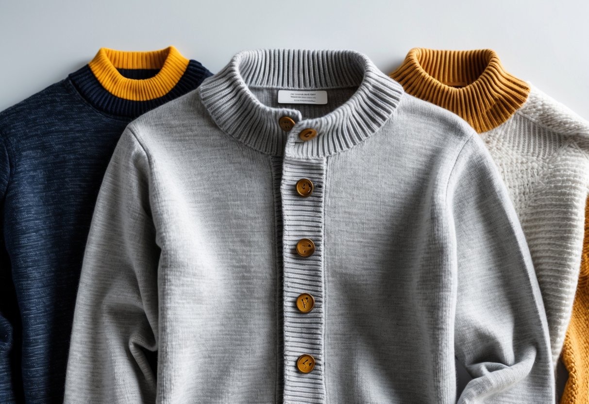 Four different sweaters including a button-up sweater arranged on a neutral background.