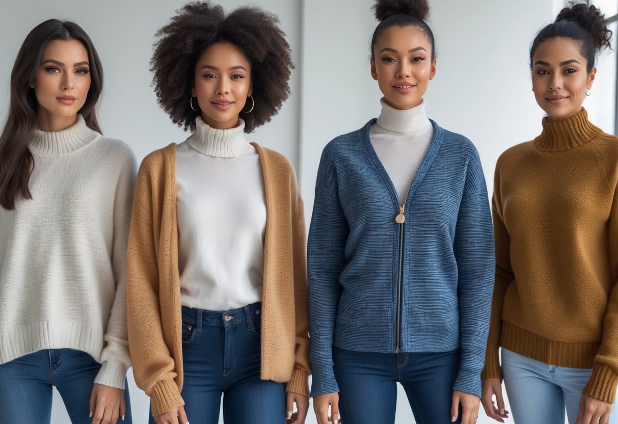 Four people standing side by side wearing different sweaters, including a zip front cardigan.