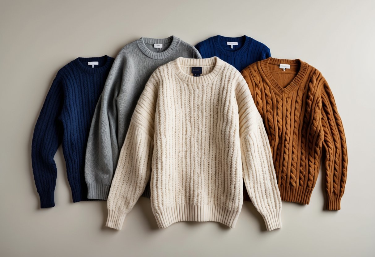 Four different sweaters including a longline sweater arranged neatly on a neutral background.