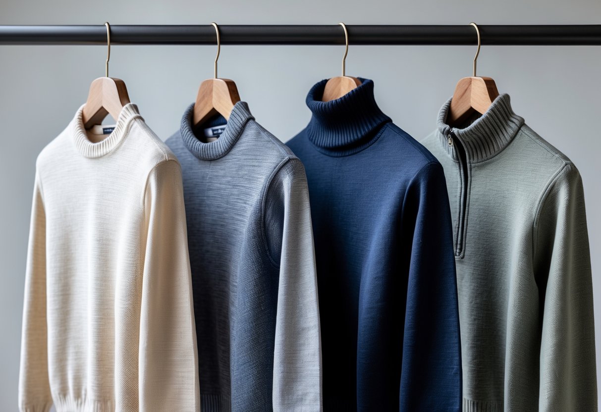 Four slim fit sweaters of different styles hanging side by side on wooden hangers against a plain background.