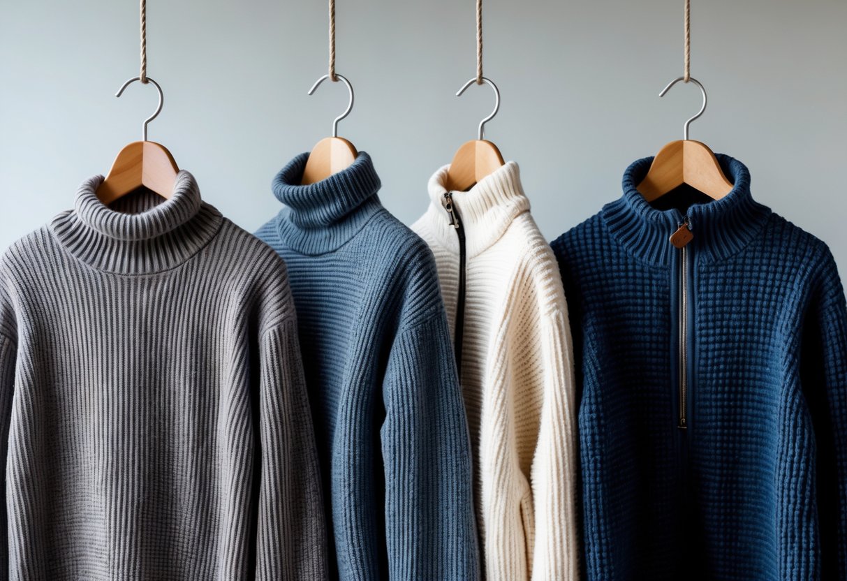 Four different thermal sweaters hanging side by side on wooden hangers against a plain background.