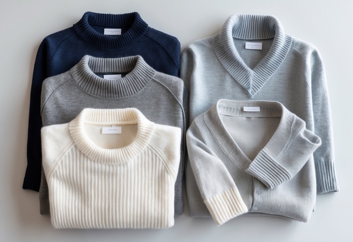 Four different lightweight sweaters displayed neatly on a plain background.