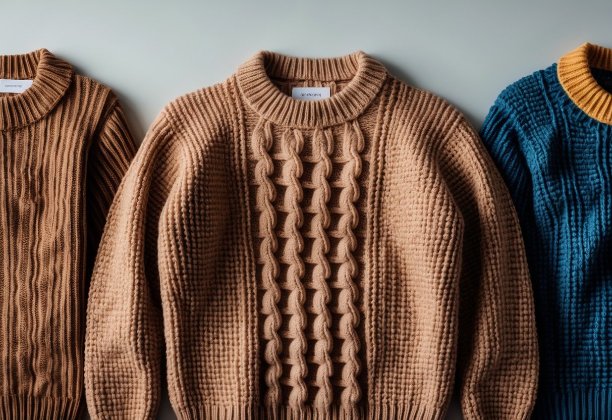 Four different sweaters arranged on a neutral background, featuring a double knit sweater in the center.