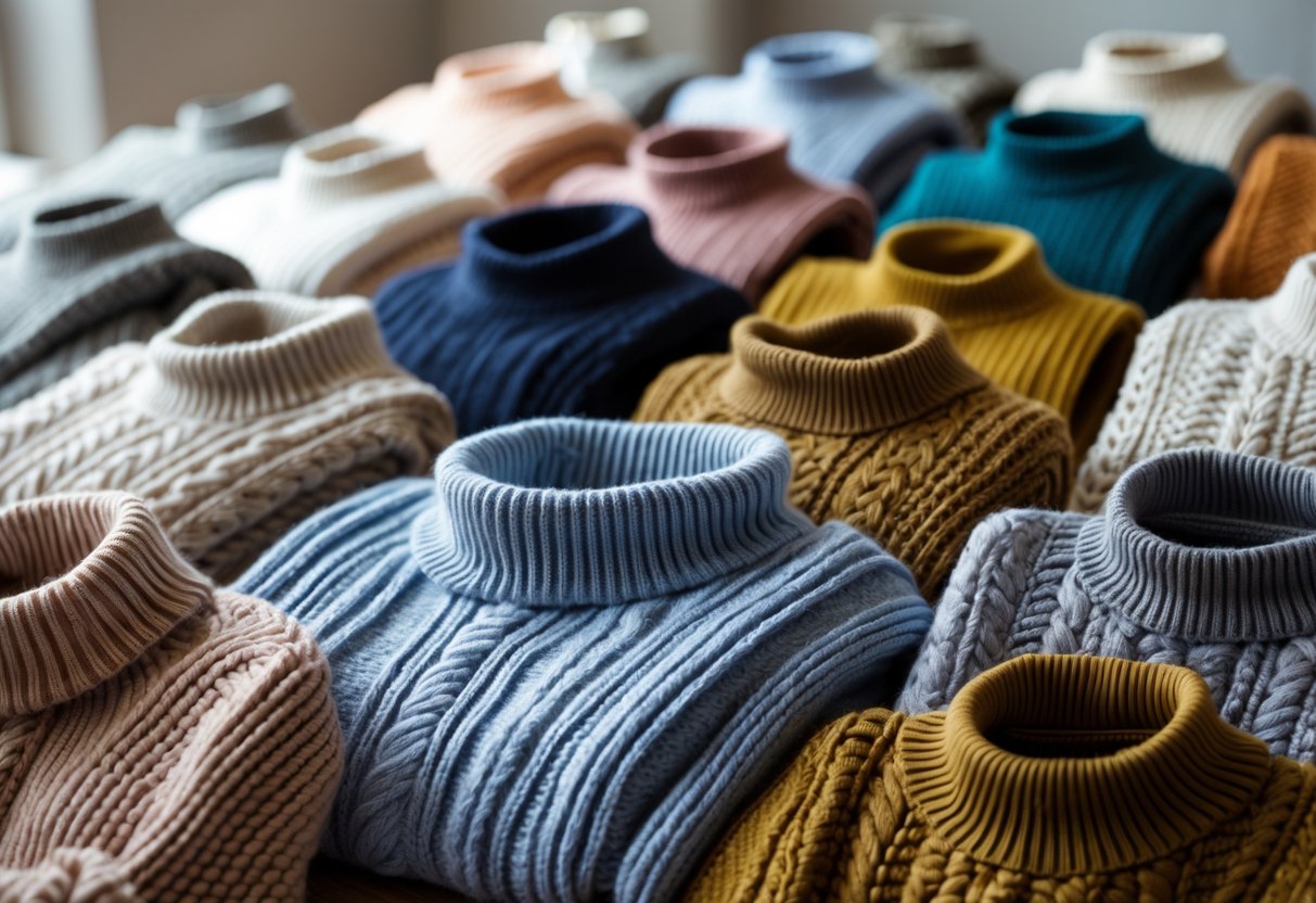 A variety of sweaters made from different materials arranged on a wooden surface, showing various styles and textures.