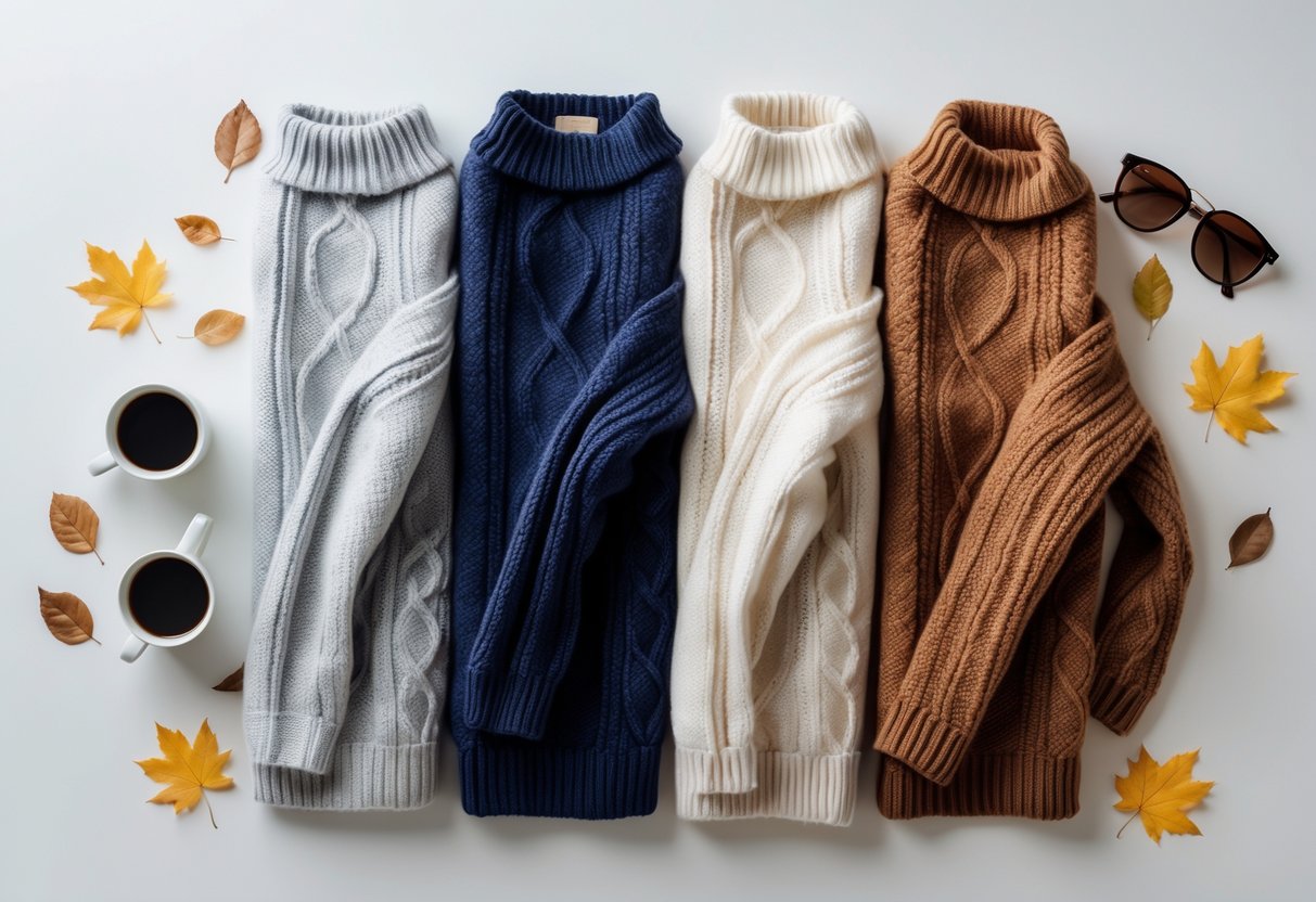 Four different sweaters arranged on a neutral background with seasonal props like autumn leaves and a cup of coffee.