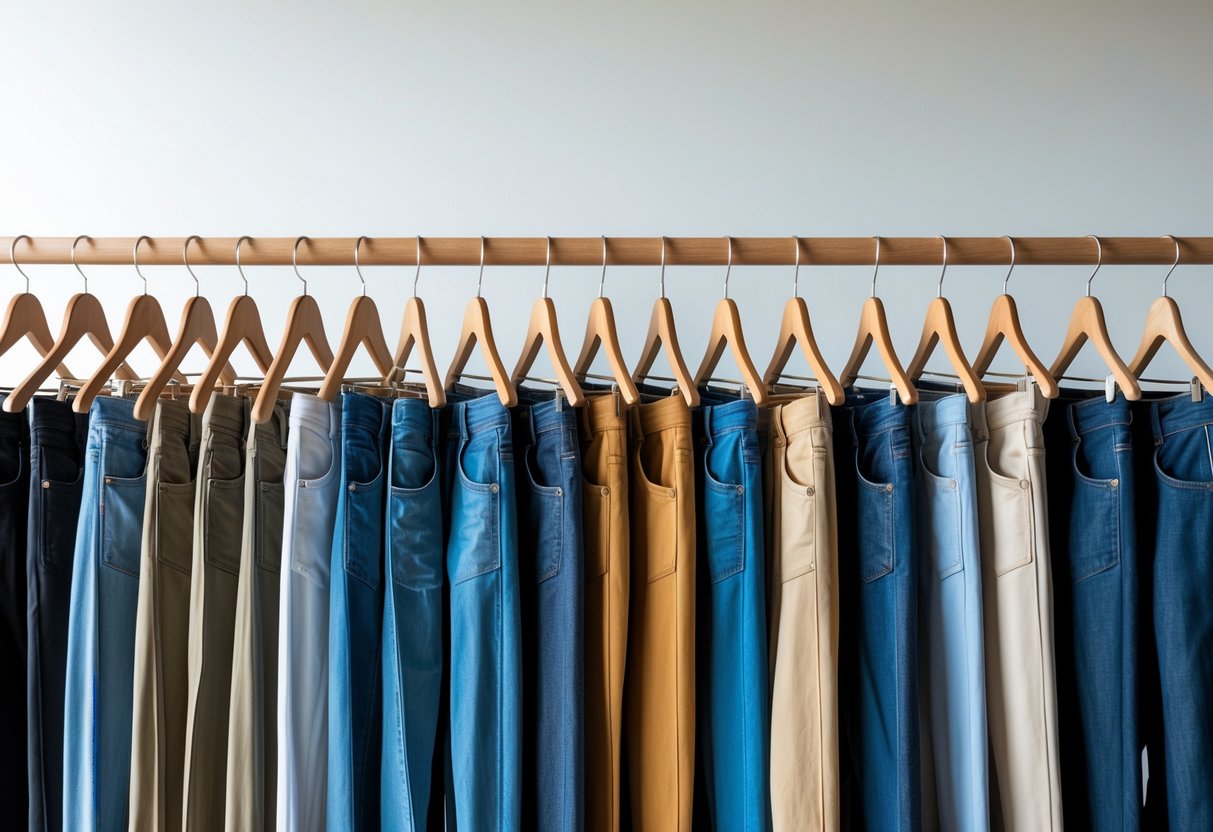 A neatly arranged collection of various pants hanging on wooden hangers against a plain white background.