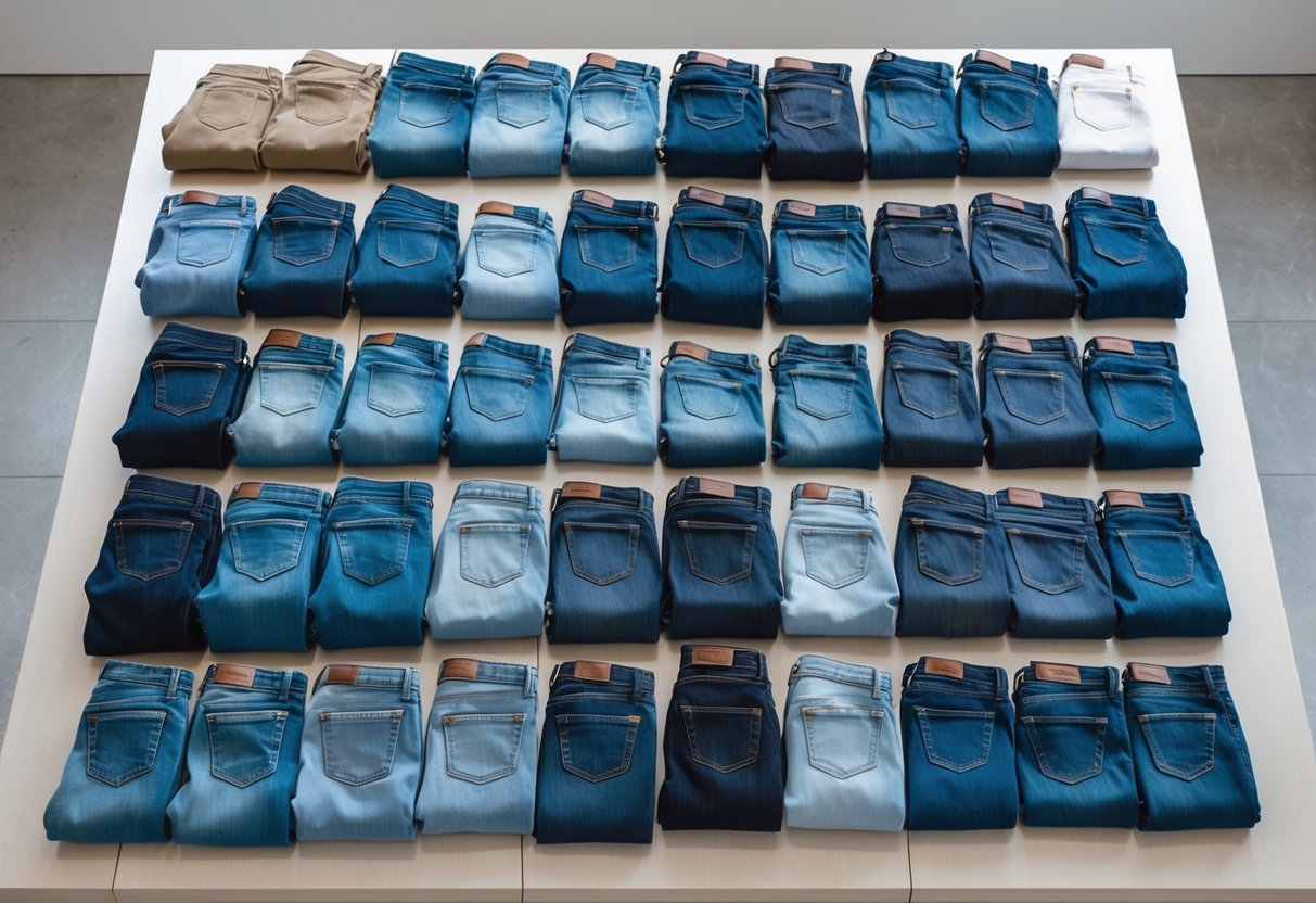 A neatly arranged collection of various pairs of jeans displayed on a wooden surface under bright lighting.