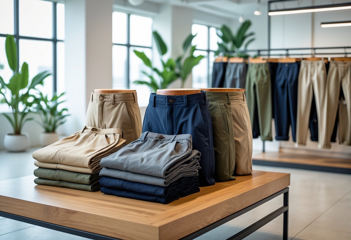 A modern showroom displaying various pairs of men's pants arranged on tables and racks under natural light.