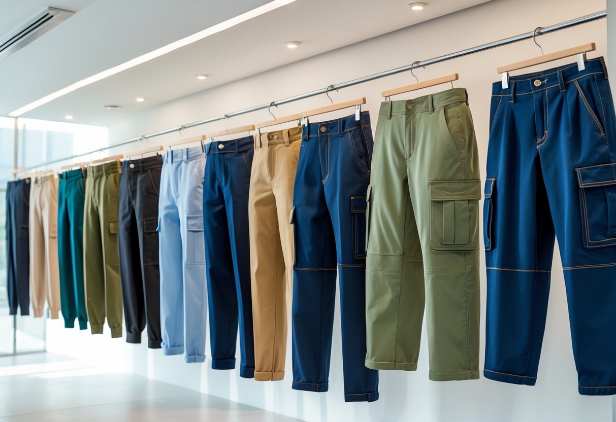 A retail display featuring multiple pairs of cargo pants arranged on mannequins and hangers in a bright and clean store environment.