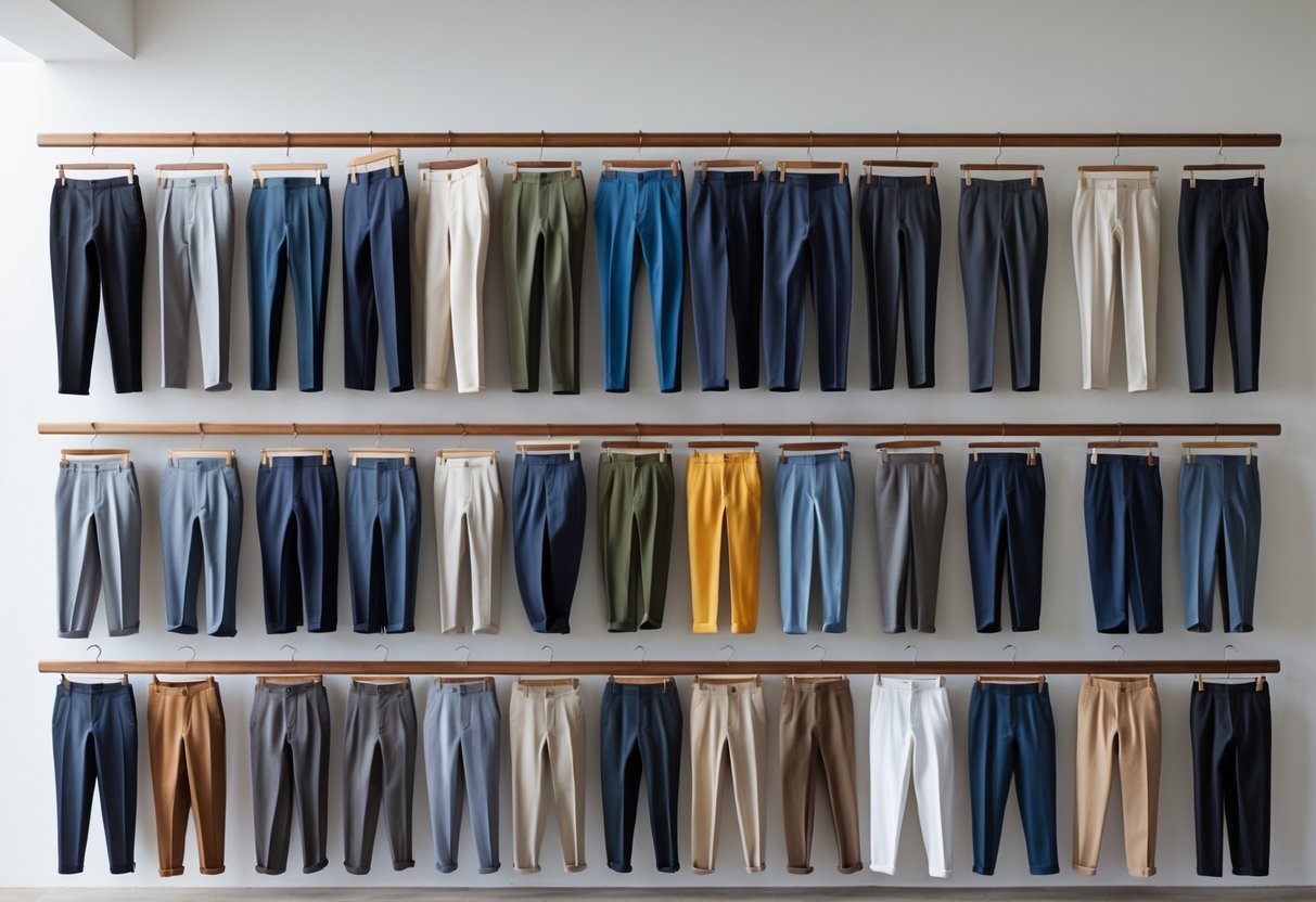 A display of various pairs of men's dress trousers hanging on wooden hangers against a plain background.