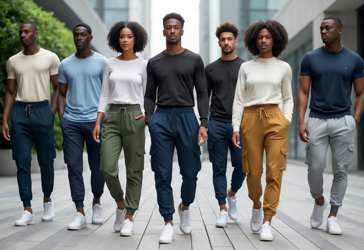 A group of people standing and walking outdoors in a city environment, wearing different types of casual pants.