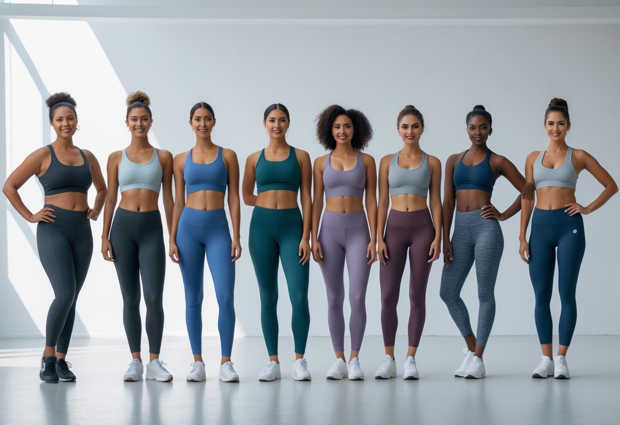 A group of women in a bright studio wearing different types of leggings, posing naturally and confidently.