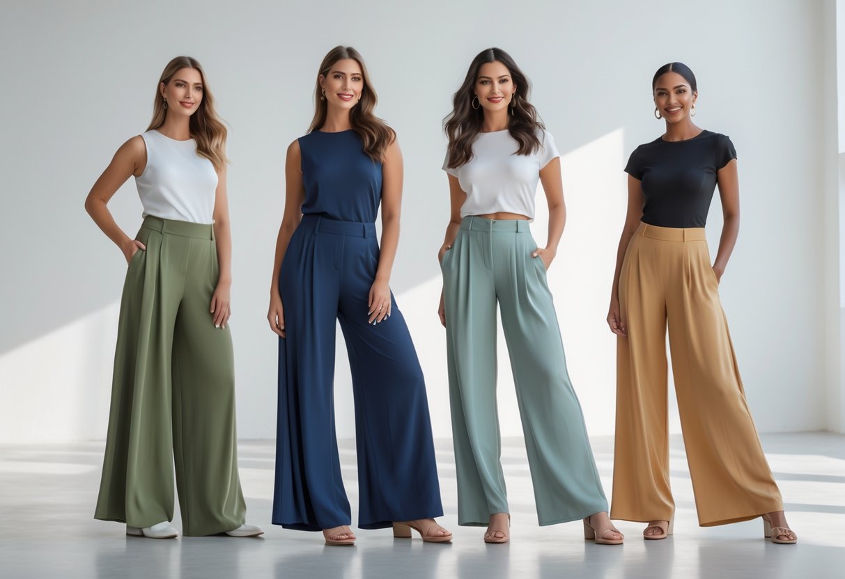 Four women standing together in a bright studio, each wearing different wide-legged pants and simple tops, posing confidently.