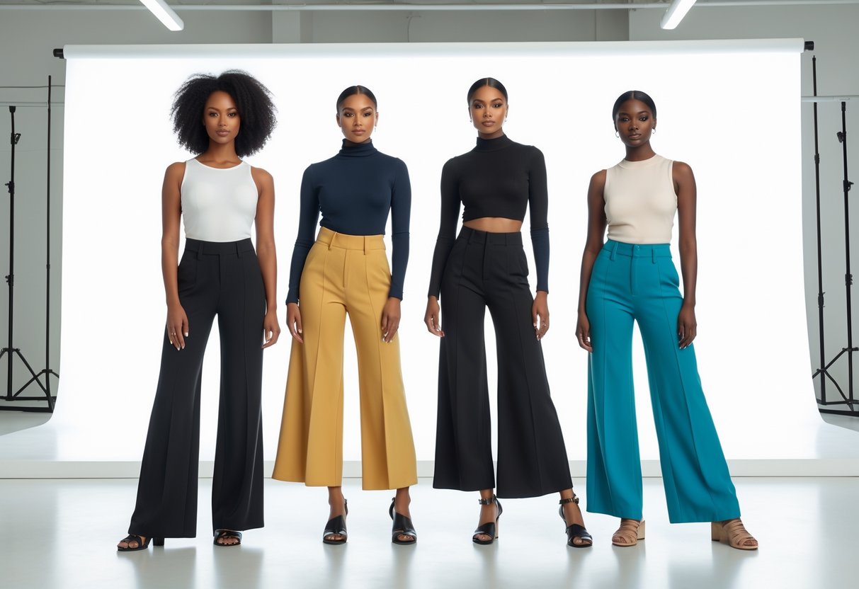Four diverse models standing in a bright studio wearing different wide-leg pants styles, posing confidently against a plain white background.