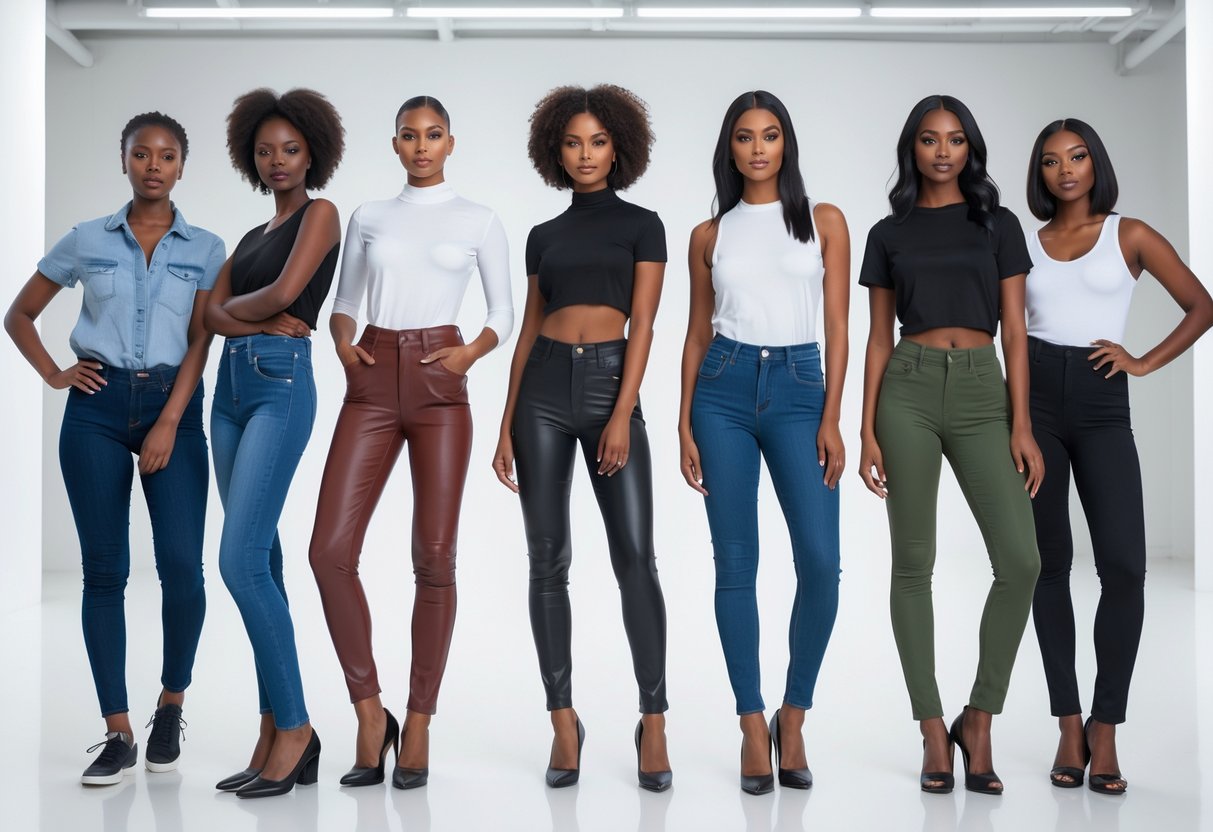 Six people standing together in a bright studio, each wearing different slim-fitting pants and posing confidently.