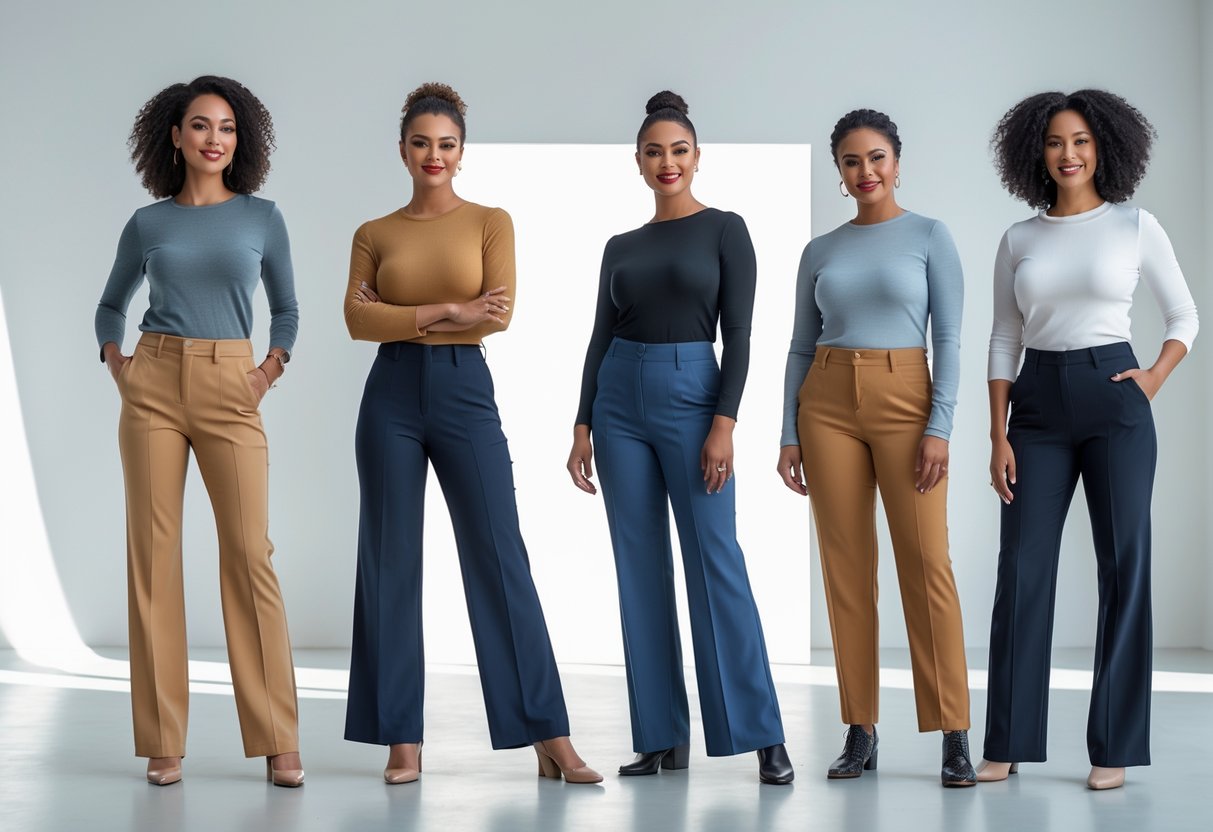 Four adults standing together in a bright studio wearing different types of pants, posing confidently.