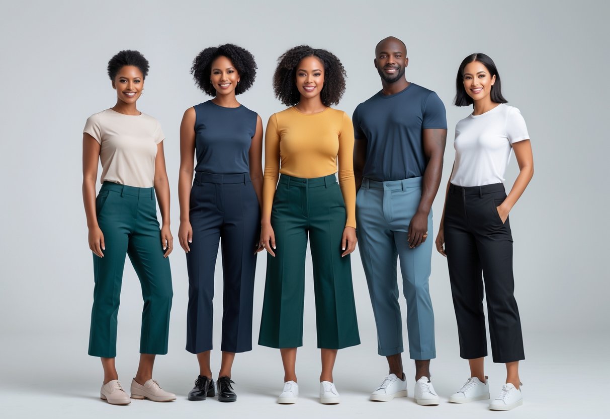 Five adults standing together against a plain background, each wearing different styles of cropped pants.