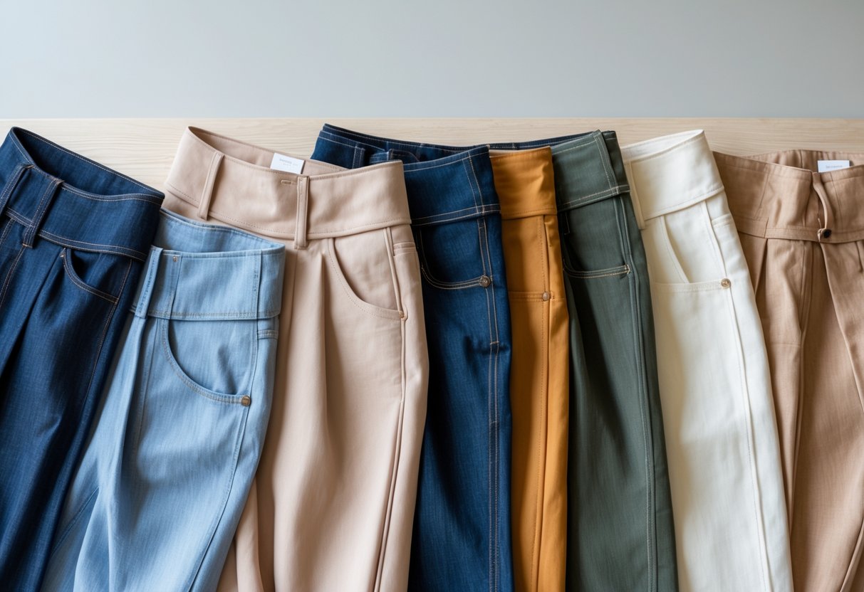 A neatly arranged collection of women's pants displayed on a wooden table with soft natural lighting.