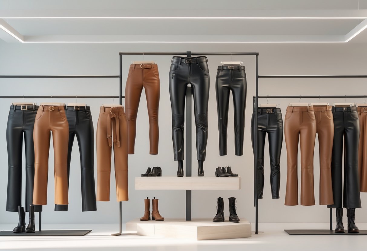 A studio scene with models wearing different leather pants styles, standing and posing next to clothing racks with leather pants on display.