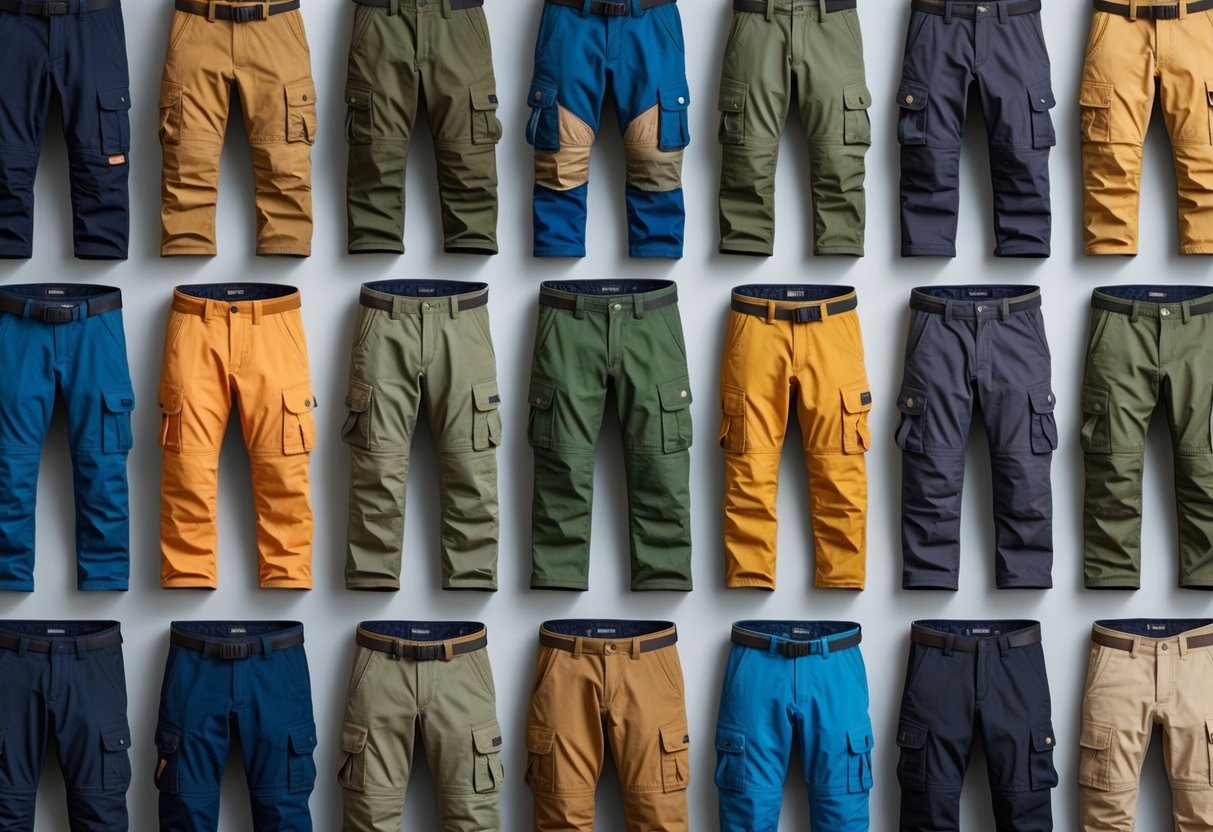 Neatly arranged flat lay of various pairs of pants displayed on a clean background.