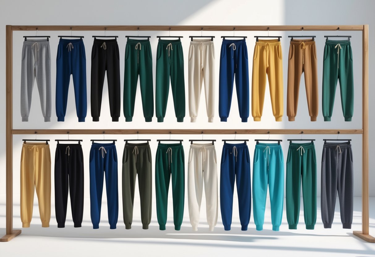 A well-lit display of various sweatpants arranged neatly on a wooden rack in a bright, clean studio.