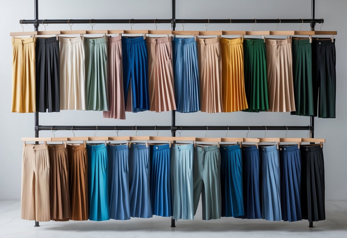A collection of various pants hanging neatly on wooden hangers against a plain light background in a well-lit studio.