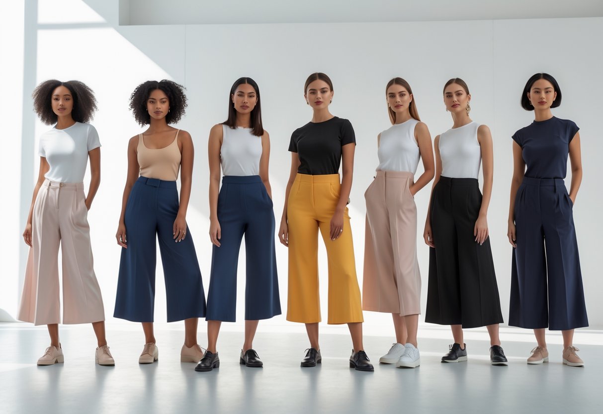 A group of women standing together in a bright studio, each wearing different pants and posing confidently.