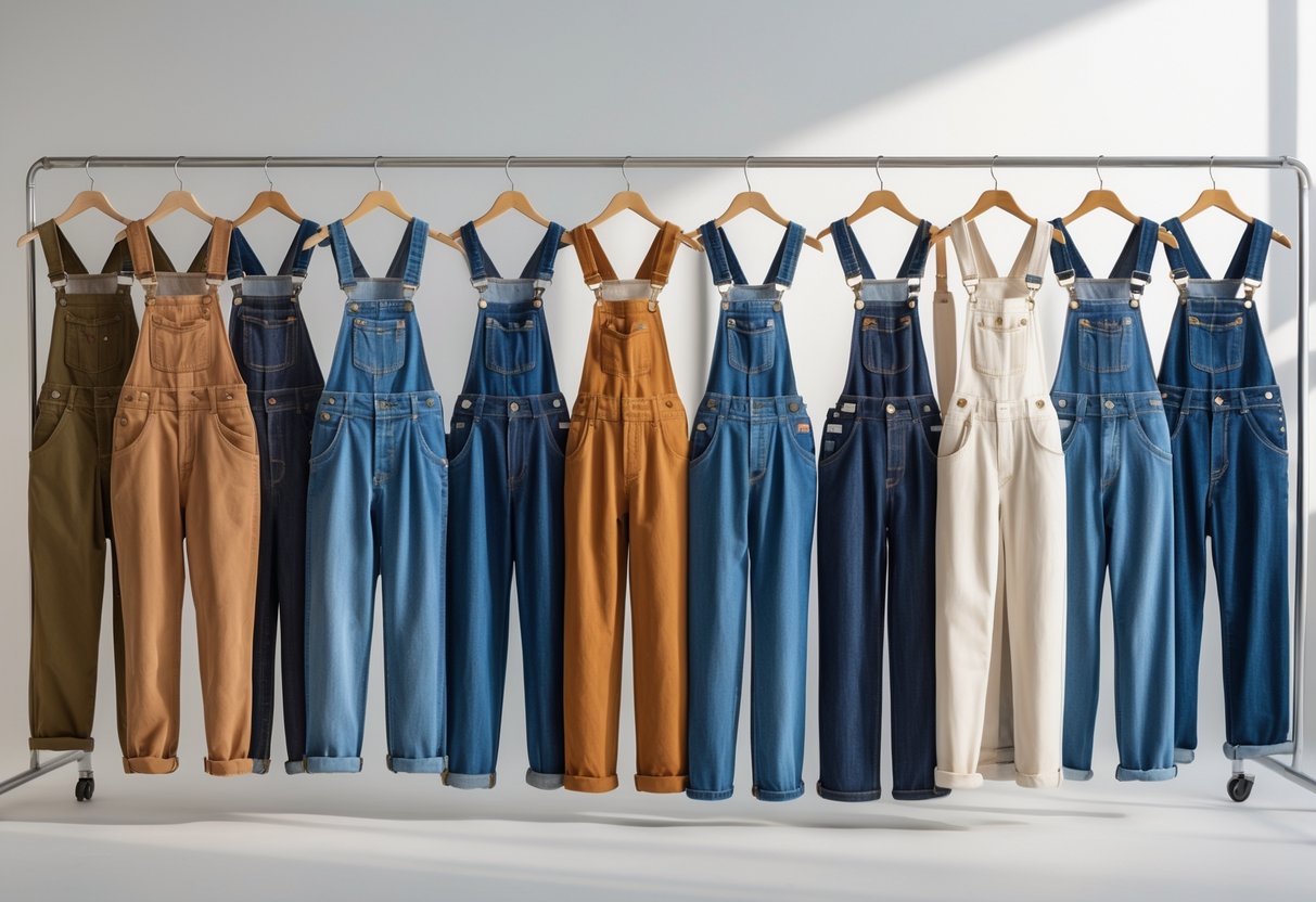 A well-lit studio display of various overalls pants arranged on mannequins, hangers, and a wooden table.