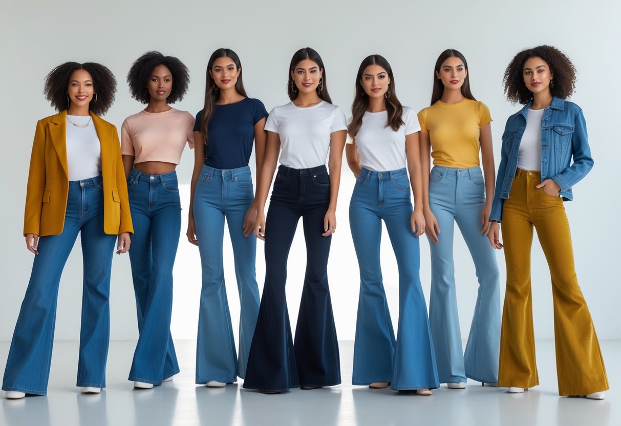 Six people wearing different styles of pants standing together in a bright studio with a white background.